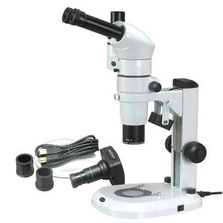 Amscope PM240 Zoom Trinocular Stereo Microscope 8X-80X on Track Stand w/Common Main ObjectiveCMO and 8MP PM240T-8M