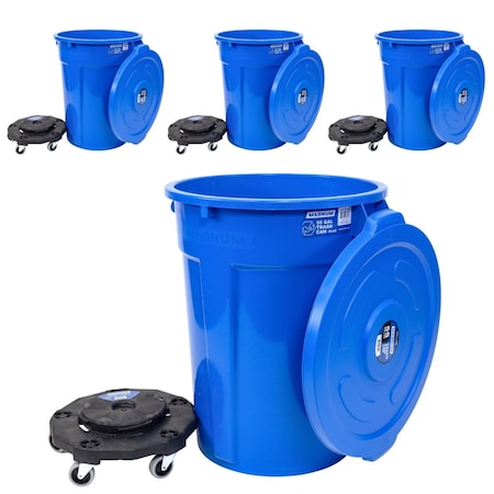 Magnum Tool Blue 55 Gallon Trash Can Set, Trash Can, Quiet Dolly, and Reinforced Lid, 4 Set CMTC-CLD0-55B04