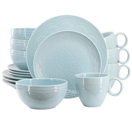 Gibson Elite Alemany 16 Piece Round Stoneware Dinnerware Set in Aqua 92841.16RM