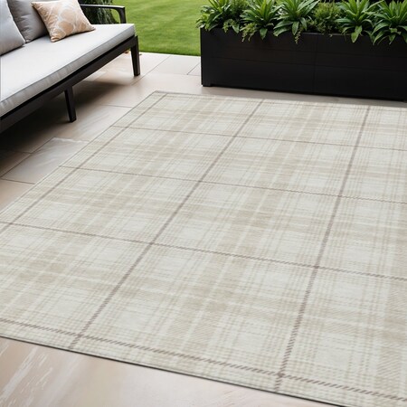 Homeroots 5' X 8' Ivory Beige And Brown Plaid Washable Indoor Outdoor Area Rug 597112