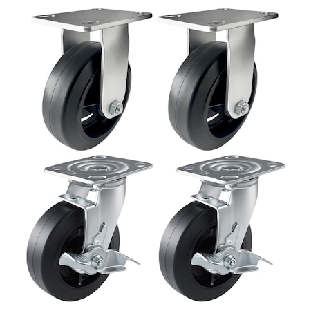 Hyw Products Heavy Duty Caster Set 6in Rubber on Cast Iron Wheels, 2 Rigid & 2 Swivel with Brake, 4PK 40-60R-A1-RC-2,40-60S-A1-RC-TB-2