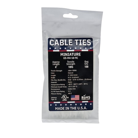 Cable Ties Unlimited Cable Tie, 4 in L, 18 lb Strength, 0.8 in Max Bundle Dia, Nylon 6/6, Natural 100PK US-M4-18-9C