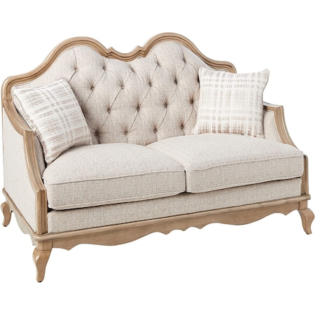 Homeroots 62in Beige And Brown Linen Loveseat and Toss Pillows 515747
