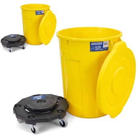 Magnum Tool Yellow 32 Gallon Trash Can Set (Trash Can, Quiet Dolly, and Reinforced Lid) (2 Set) CMTC-CLD0-32Y02