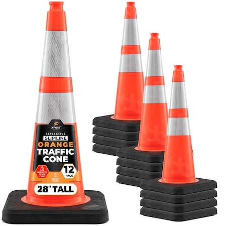 Xpose Safety 28 In Orange Slim Line Traffic Cone, 10 lb Base with 6in & 4in Collar, DOT Approved, 12-PK OTC28SL-64-10L-12-X