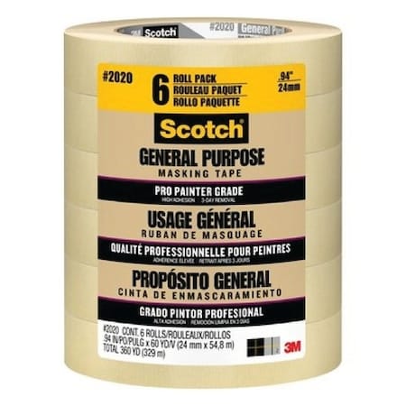Scotch 2020-24ECP Masking Tape, 60 yd L, 0.94 in W, Crepe Paper Backing, Tan 2020-24EP6