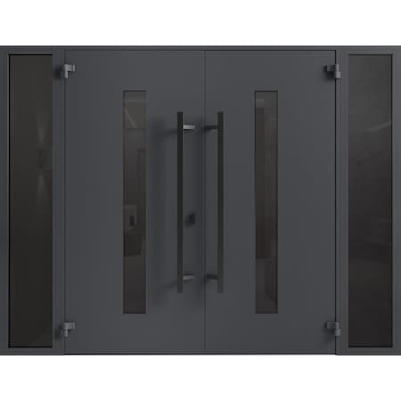 Vdomdoors Front Exterior Prehung Aluminum Double Doors Ronex0130 Grey Mirrored Clear Glass 2 Sidelights Entry RONEX0130DEXD-GRE-W14+72+14xH96-LH-O