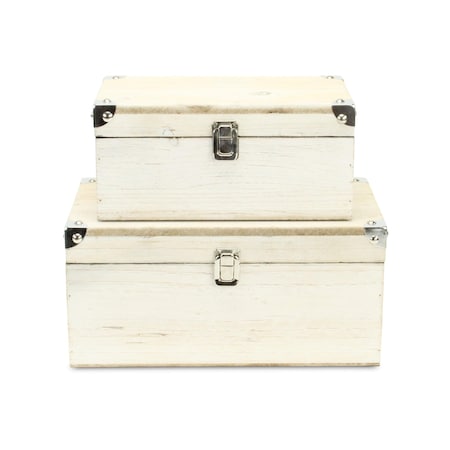 Homeroots Set of Two White Solid Wood Metal And Fabric Box With Lid, 2PK 489344
