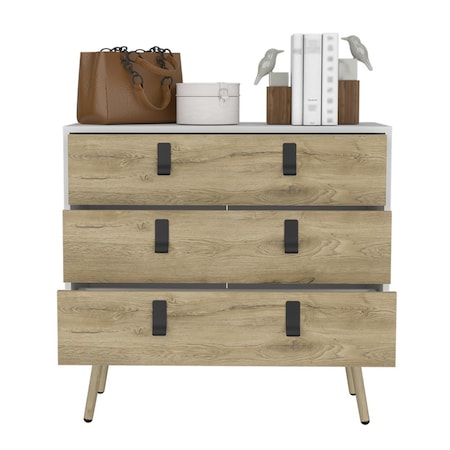 Homeroots 32" White and Natural Three Drawer Dresser 546385