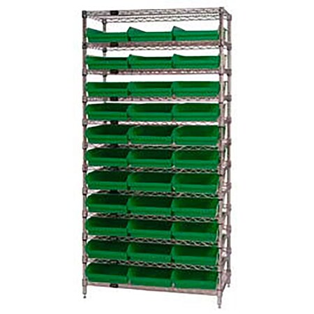 Global Industrial Chrome Wire Shelving with 33 4"H Plastic Shelf Bins Green, 36x14x74 268971GN
