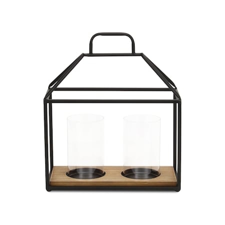 Homeroots 15" Black Metal Glass And Wood Geometric Two Light Hurricane Candle Holder 638044