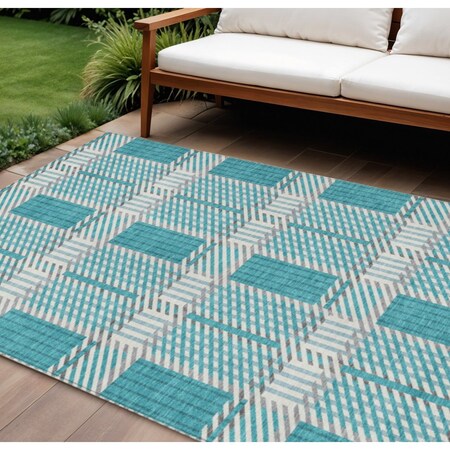 Homeroots 9' X 12' Teal Blue Gray And Ivory Plaid Washable Indoor Outdoor Area Rug 597593