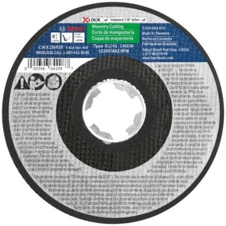 Bosch Abrasive Cut-Off Wheel, Type 1, 4 1/2 in Dia, 0.0625 in Thick, 7/8 in Arbor Hole Size, 46 Grit CWX1M450