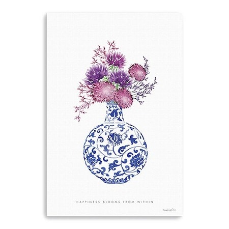 Homeroots 48" x 32" Blue and White Happiness Floral Vase Canvas Wall Art 399086