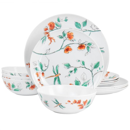 Martha Stewart 12 Piece Dragonfly Melamine Dinnerware Set in White 129263.12