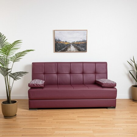 Homeroots 75" Burgundy Faux Leather Convertible Futon Sleeper Sofa And Toss Pillows With Storage 607187