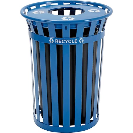 Global Industrial Outdoor Steel Slat Recycling Trash Can, Flat Lid, 36 Gallon, Blue B3178686