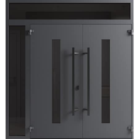 Vdomdoors Front Exterior Prehung Aluminum Double Doors Ronex0130 Grey 1 Sidelight and Top Transom Mirrored RONEX0130DEXD-GRE-W72+12xH96+12-LH-O
