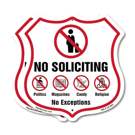 Signmission No Soliciting Shield Sign No Politics Ma, 18 inch X 18 inch, Plastic Sign, 2PK SHI-P-2PACK-18-403