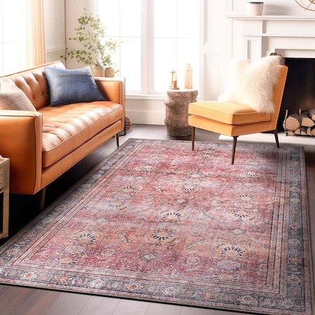 World Rug Gallery Vintage Inspired Machine Washable Non Slip Area Rug 6 ft 6 in x 9 ft Red 6029RED6X9