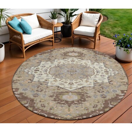 Homeroots 8' Chocolate Beige And Gray Round Oriental Washable Indoor Outdoor Area Rug 596622