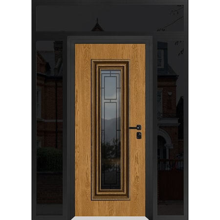 Vdomdoors Steel Door Ballucio 6644 Natural Oak Black 2 Side and Top Exterior Window Sidelite Entry Door Paint BALLUCIO6644EXD-OAKB-W14+36+14xH80+16-LH-I