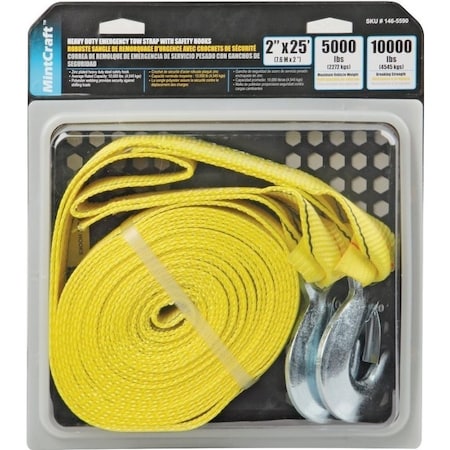Prosource Emergency Tow Strap, 10,000 lb, 2 in W, 25 ft L, Hook End, Polyester Webbing, Steel Hook FH64062-1