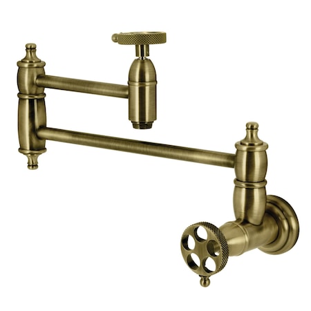 Kingston Brass Wall Mount Pot Filler Faucet with Knurled Handle, Antique Brass KS3103RKX