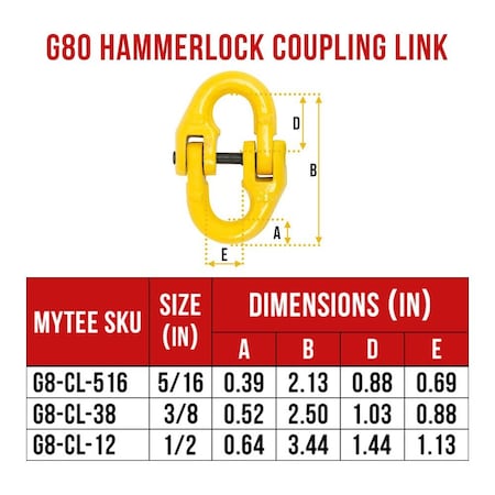 Mytee Products 3/8in Grade 80 Coupling Link, Hammerlink, Hammer Lock Chain Connector, 4PK G8-CL-38x4