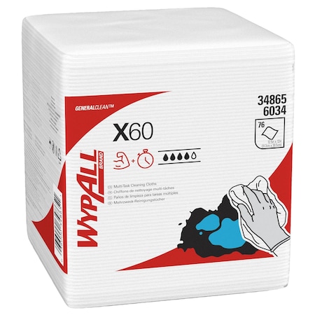 Wypall WypAll GeneralClean X60 Multi-Task Cleaning Cloths 34865, Quarterfold, Strong & Absorbent, White, PK12 34865