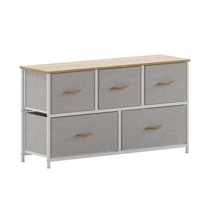 Flash Furniture Harris 5 Drawer Vertical Storage Dresser with White Cast Iron Frame, Oak Wood Top and Beige Easy Pu WX-5L206-W-WH-BG-GG