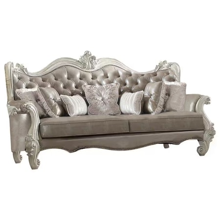 Homeroots 90" Gray Faux Leather Curved Sofa And Toss Pillows With Bone Legs 490989