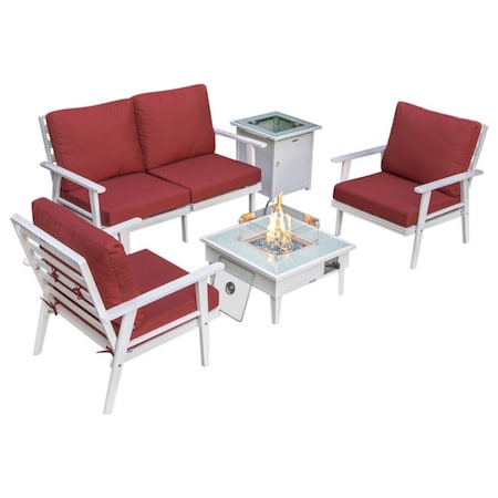 Leisuremod Walbrooke Modern White Patio Conversation With Square Fire Pit & Tank Holder, Red WW-27-20-57-31-R