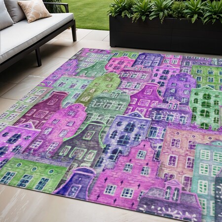 Homeroots 5' X 8' Purple Lilac And Green Village Houses Washable Indoor Outdoor Area Rug 577872