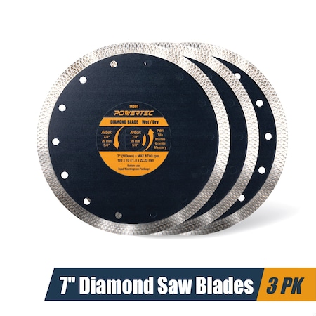 Powertec 7 Inch Diamond Saw Blades for Circular Saws, Super Thin Turbo Mesh Rim Blades, 3PK 14001-P3