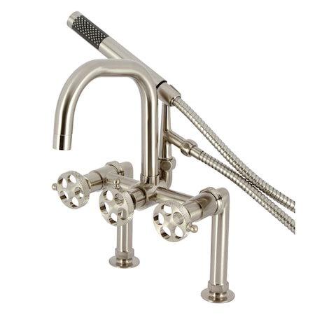 Kingston Brass 7" Center Deck-Mount Clawfoot Tub Faucet with Knurled Handle and Hand Shower, Brushed Nickel AE8408RKX