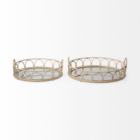 Homeroots Set of Two Brown Round Wood Indoor Outdoor Vanity Tray With Handles 376057