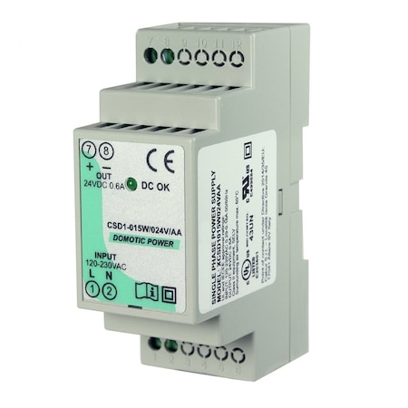 Automation Systems Interconnect 24V DC, 15W DIN Rail Power Supply, Compact, Low Profile, 120V AC Input, 24V DC, .6A Output XCSD1015W024VAA