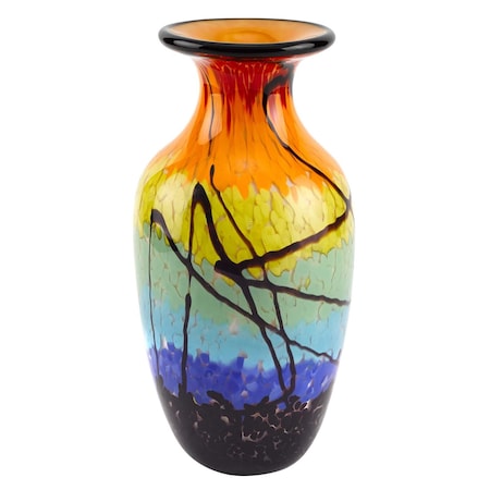 Homeroots 11" Black Blue Red And Yellow Abstract Urn Handblown Glass Table Vase 375794