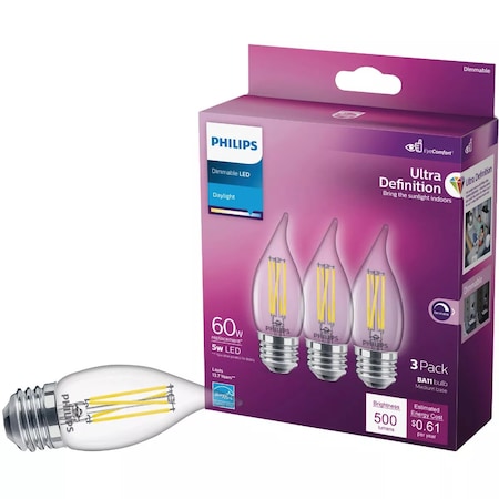 Signify Ultra Definition 60W Equivalent Daylight BA11 Medium LED Decorative Light Bulb, 3PK 564922