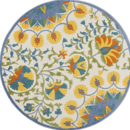 Homeroots 5' Ivory Blue Yellow And Orange Round Floral Indoor Outdoor Area Rug 546812