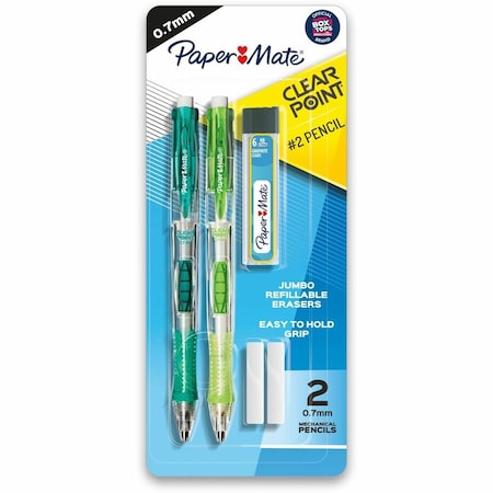 Paper Mate Clear Point Mechanical Pencils w/ Tube of Lead/Erasers, 0.7 mm, HB (No 2), Black Lead, Assorted, PK2 56047PP