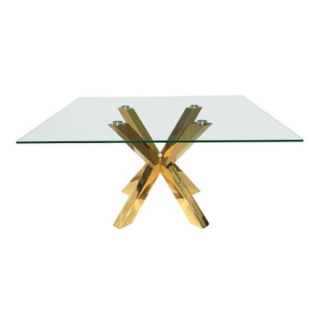 Homeroots 60" Clear and Gold Glass and Metal Cross Leg Base Square Dining Table 555134