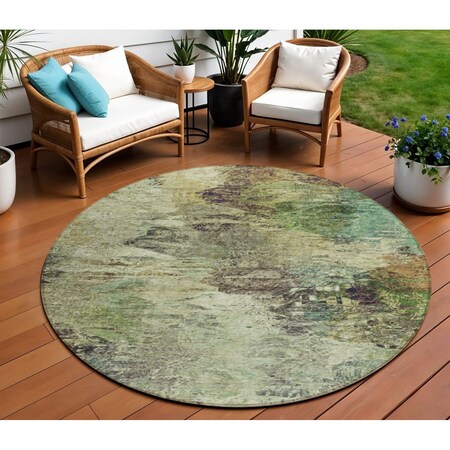 Homeroots 8' Beige Green And Artichoke Green Round Abstract Washable Indoor Outdoor Area Rug 577615