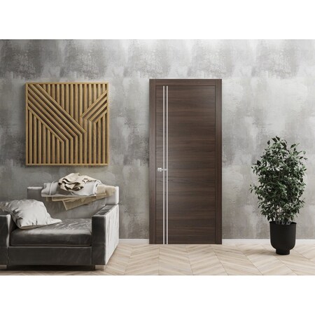 Sartodoors Modern Solid Interior Door with Handle, Planum 0310 Chocolate Ash and Aluminum Strips, Single Regur PLANUM0310ID-CA-2496