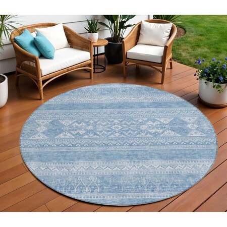 Homeroots 8' Sky Blue And Ivory Round Southwestern Washable Indoor Outdoor Area Rug 582850