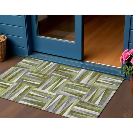 Homeroots 3' X 5' Green Gray And Ivory Geometric Washable Indoor Outdoor Area Rug 598262
