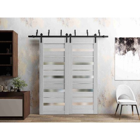 Sartodoors Sliding Closet Barn Bypass Doors 36 x 80in, Light Grey Oak W/ Frosted Glass, Sturdy 6.6ft Rails QUADRO4445BBB-OAK-36