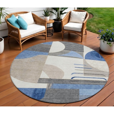 Homeroots 8' Blue Gray And Ivory Round Geometric Washable Indoor Outdoor Area Rug 617976