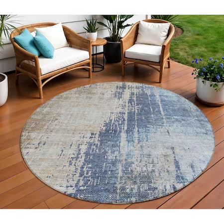 Homeroots 8' Navy Blue And Taupe Round Abstract Washable Indoor Outdoor Area Rug 587244